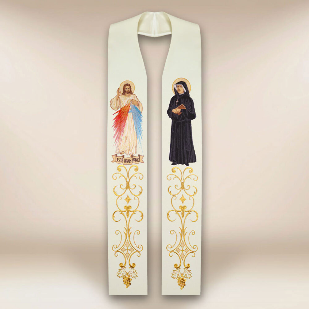 Estola bordada com a imagem de Jesus Misericordioso e São Faustina