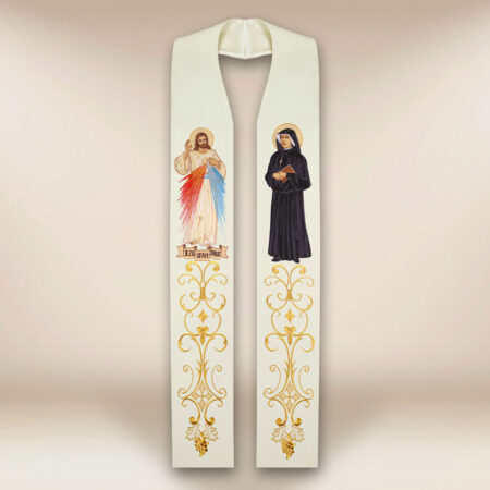 Estola bordada com a imagem de Jesus Misericordioso e São Faustina