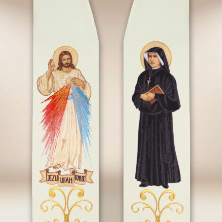 Estola bordada com a imagem de Jesus Misericordioso e São Faustina