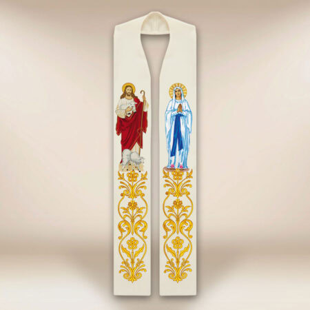 Estola bordada com a imagem de Jesus Bom Pastor e Mãe de Deus