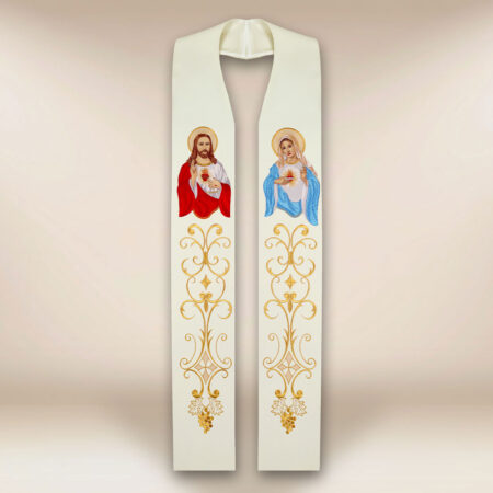 Estola bordada com a imagem do Coração de Jesus e Maria