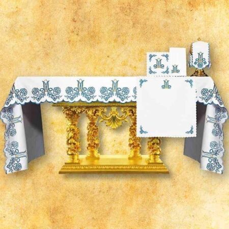 Toalha de altar Mariana com bordado em dourado e azul