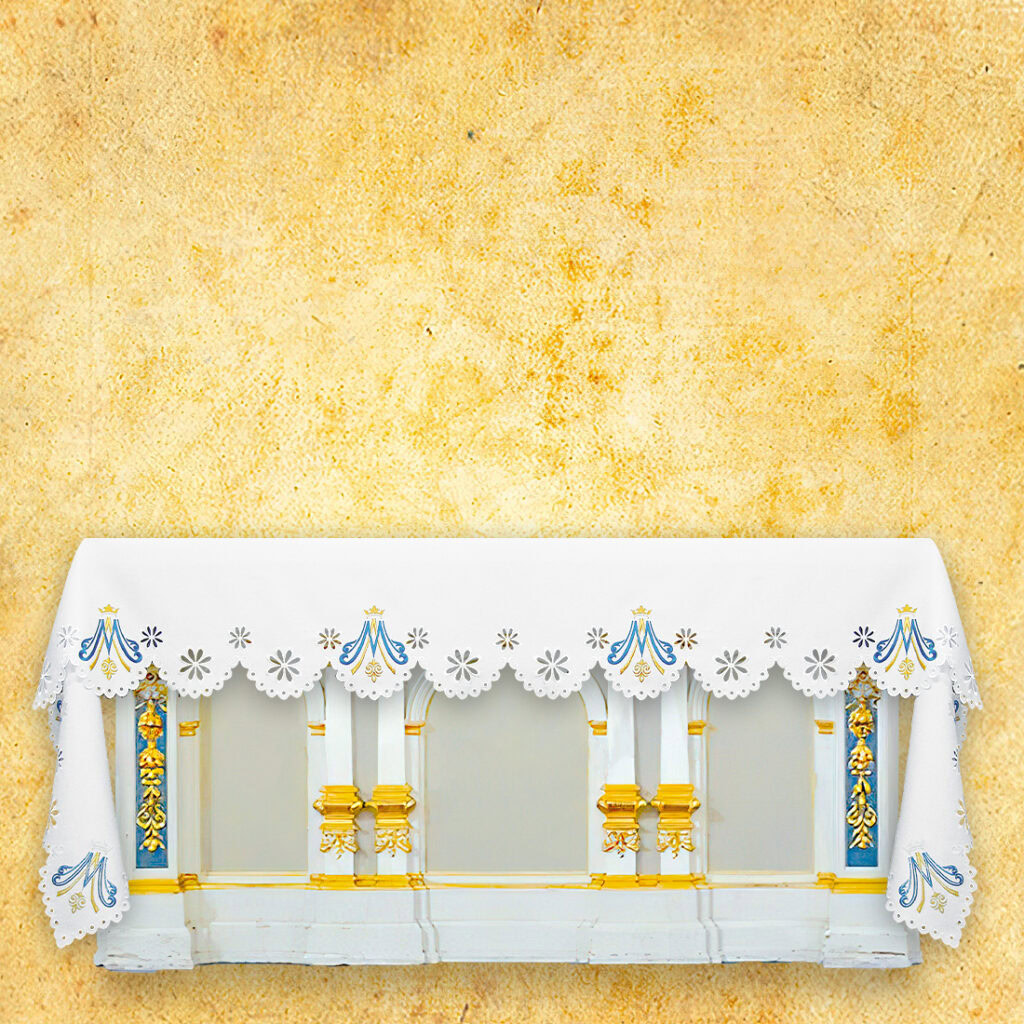 Toalha de altar Mariana com bordado em dourado e azul