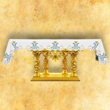 Toalha de altar Maryjna com bordado em tons de ouro e azul