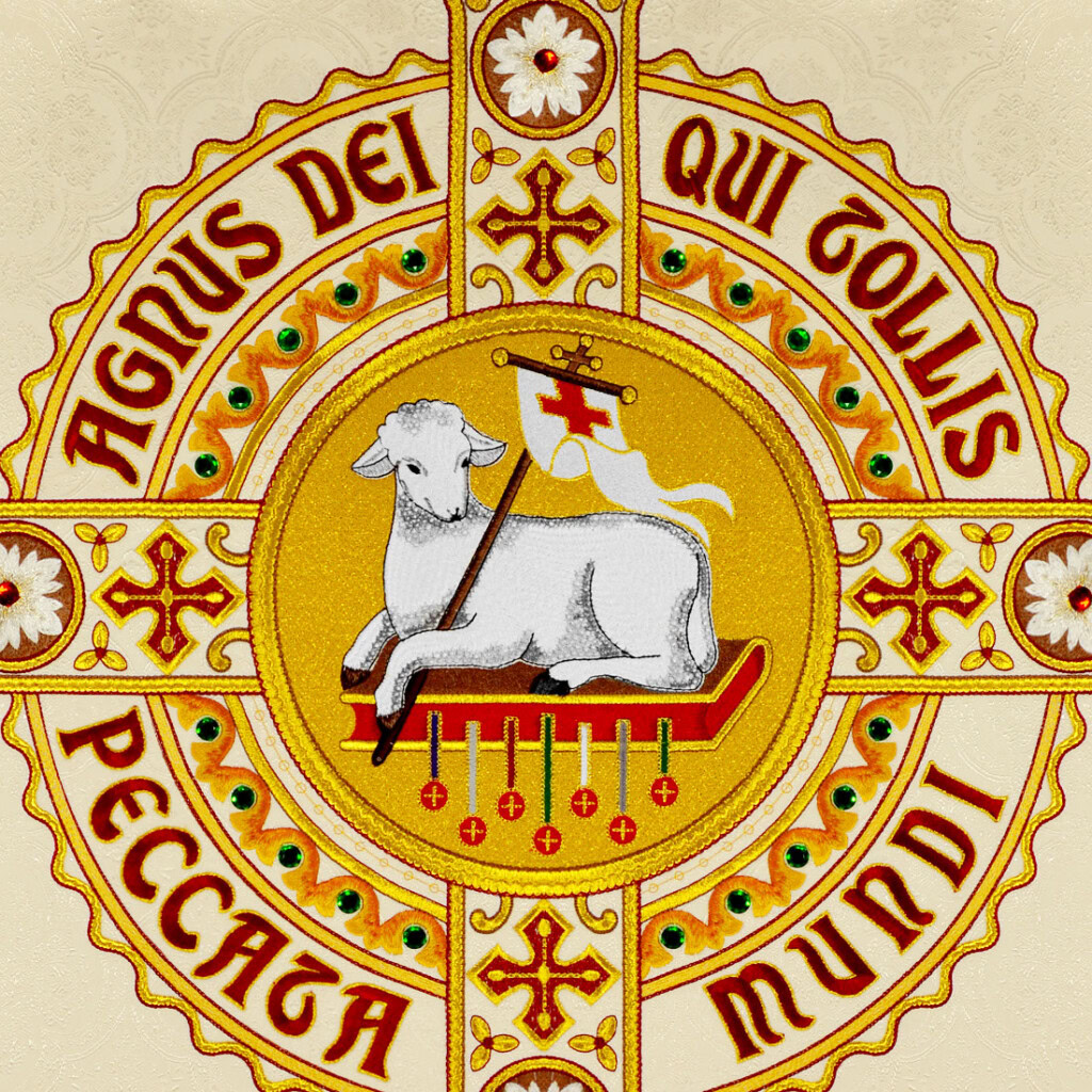 Estola bordada Cordeiro de Deus com símbolos litúrgicos tradicionais