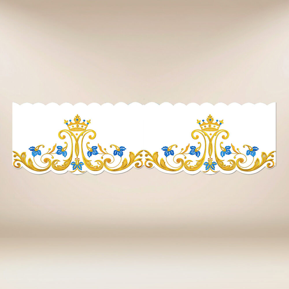 Tira de renda Maryjna com bordado dourado-azul de altura 27 cm
