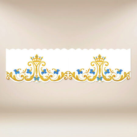 Tira de renda Maryjna com bordado dourado-azul de altura 27 cm