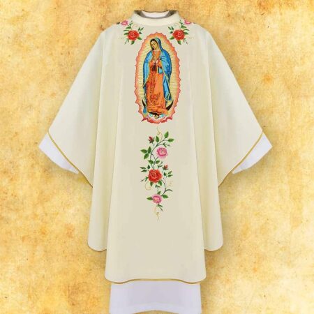 Casula bordada litúrgica ecru Mãe de Deus de Guadalupe