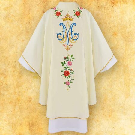 Casula bordada litúrgica ecru Mãe de Deus de Guadalupe