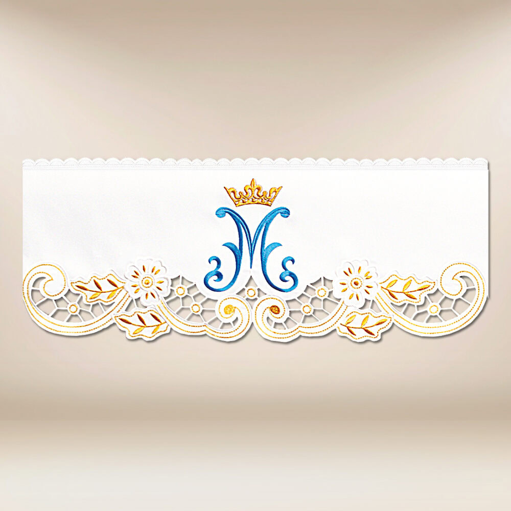 Koronka Maryjna com bordado dourado-azul de altura 23cm