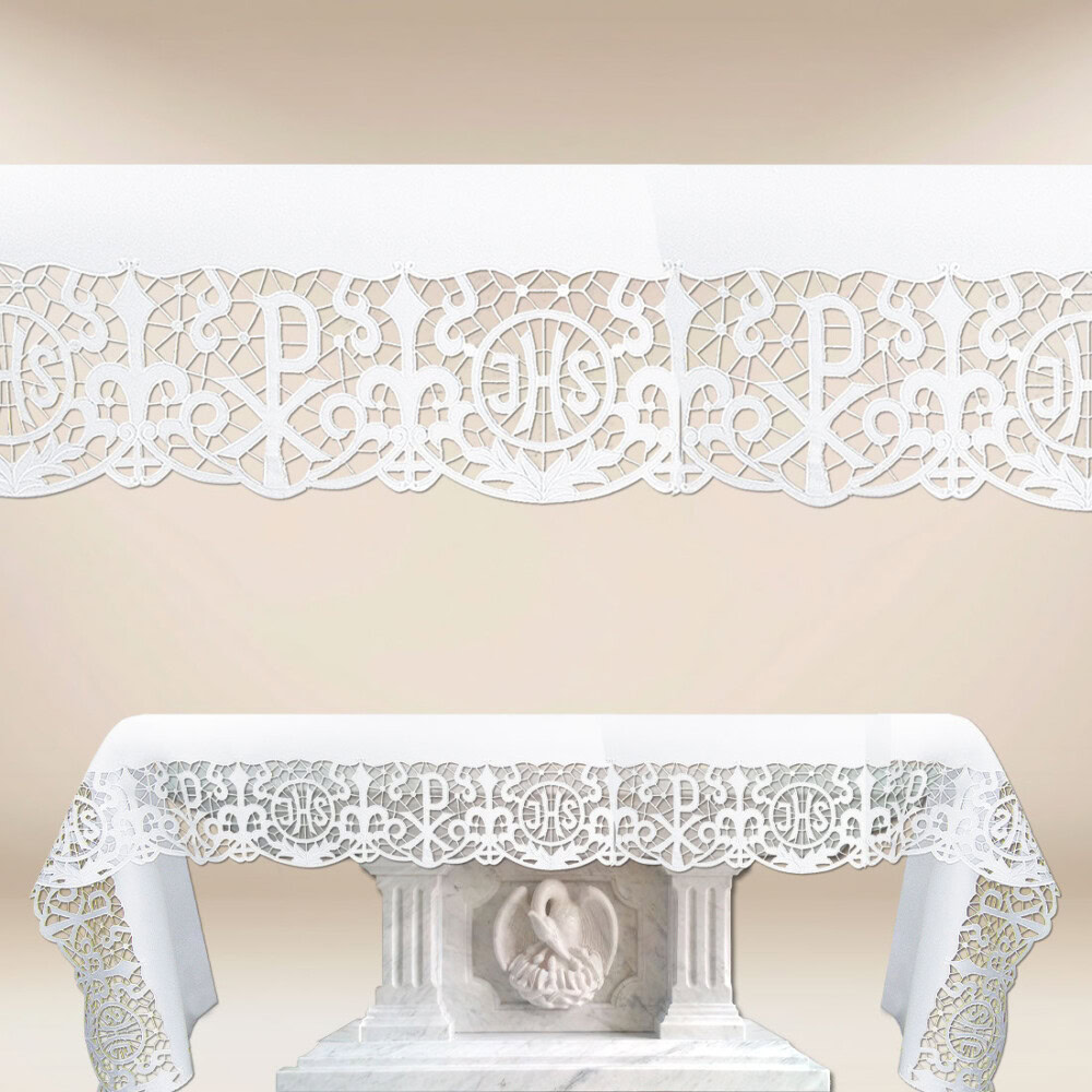 Toalha de altar bordada com bordado branco e motivo IHS