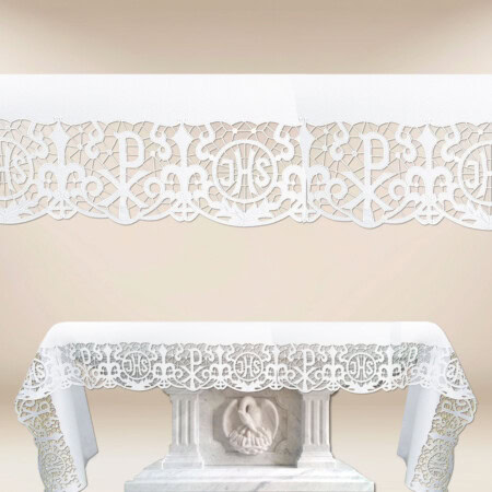 Toalha de altar bordada com bordado branco e motivo IHS