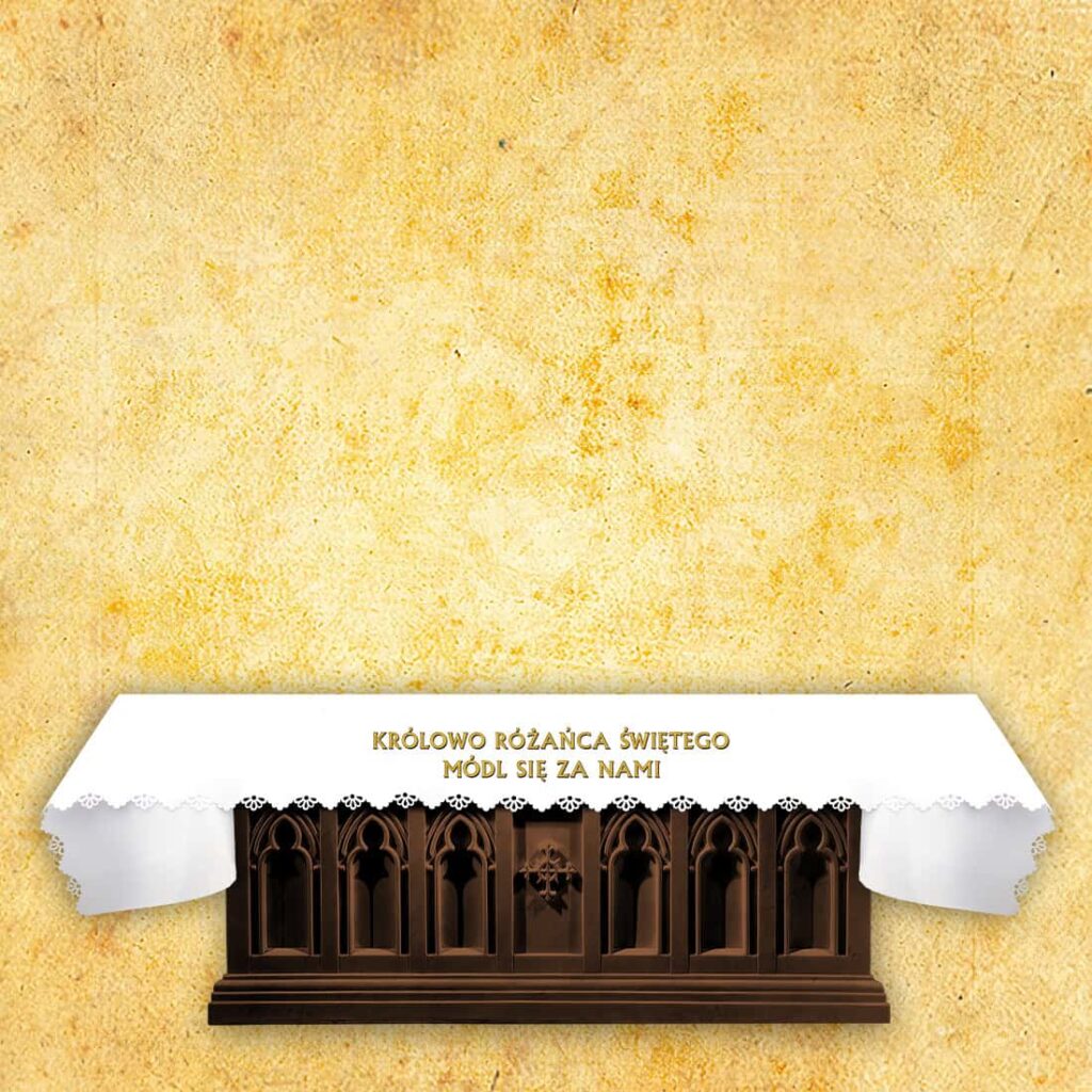 Toalha de altar vazada estilo Richelieu "Królowo Różańca Świętego Módl Się Za Nami"