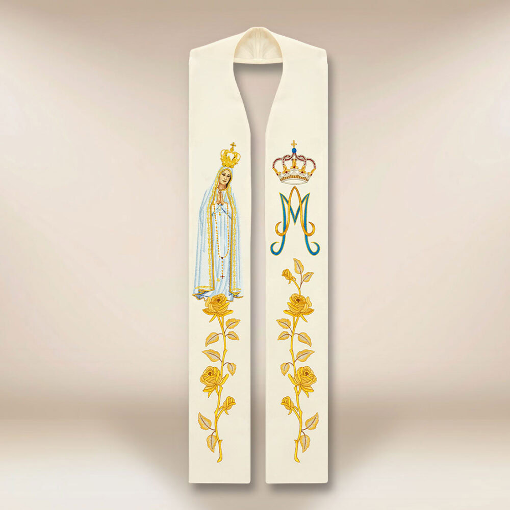 Estola bordada com a imagem Mãe de Deus de Fátima