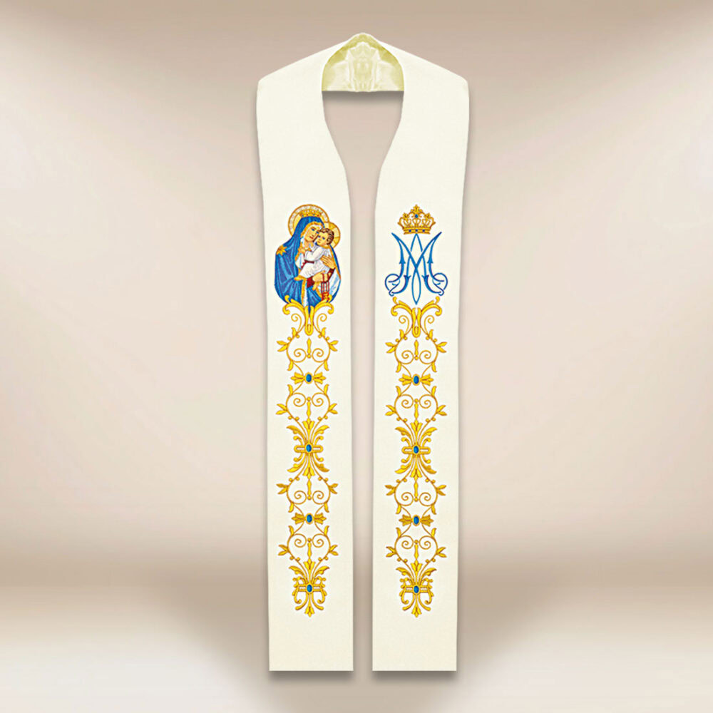 Estola bordada com a imagem Mãe de Deus do Escapulário
