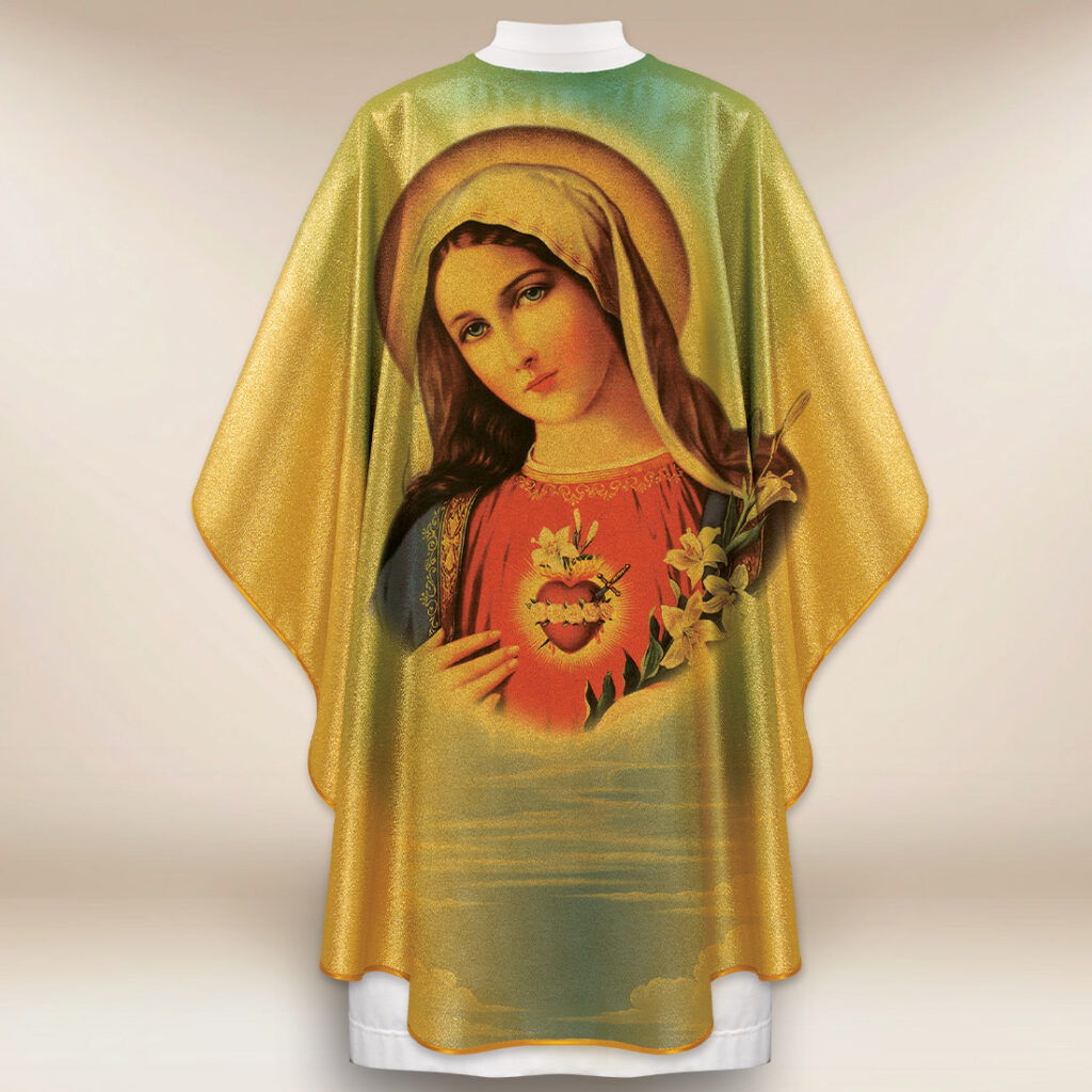 Casula dourada com imagem Coração de Maria