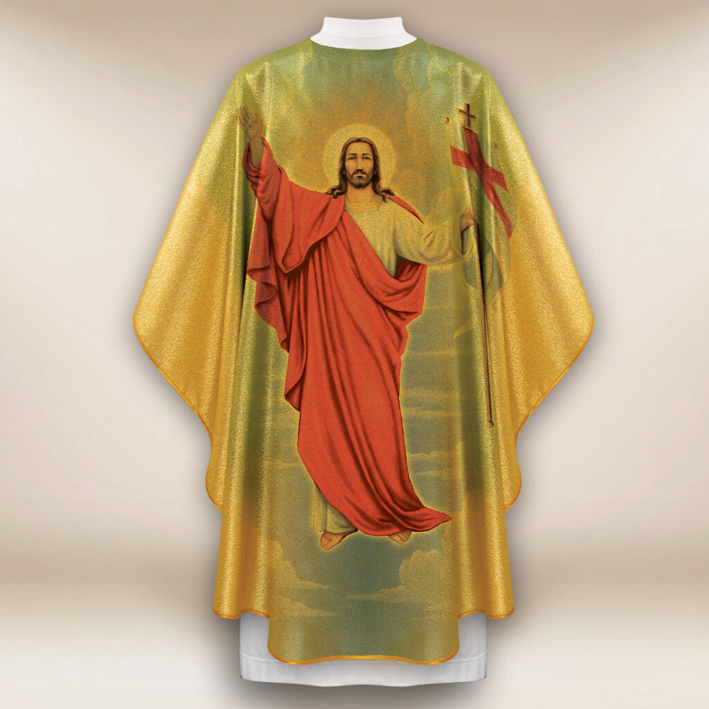 Casula dourada com imagem Jesus Ressuscitado