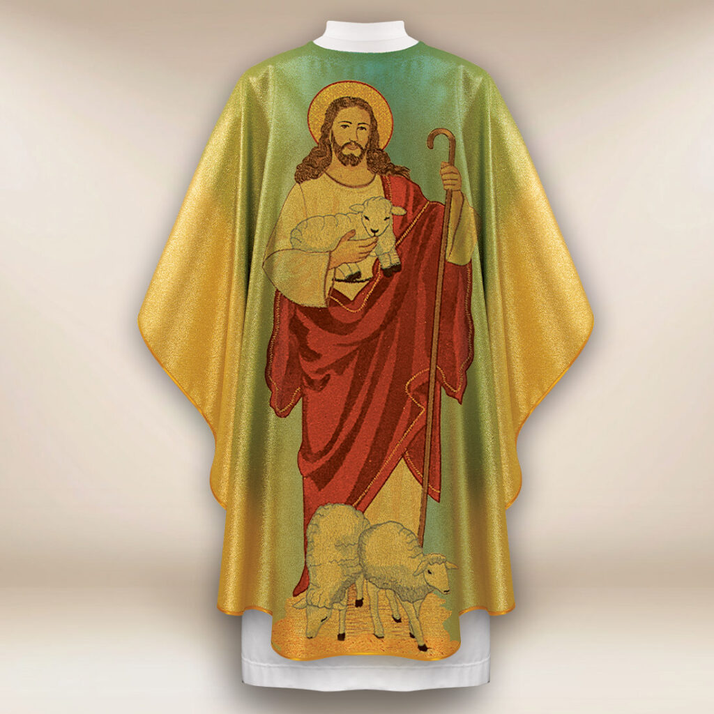 Casula dourada com imagem do Bom Pastor