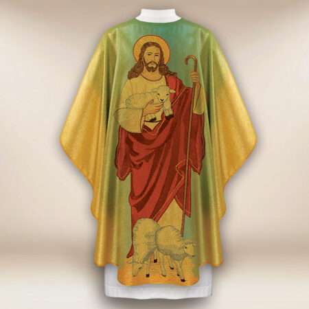 Casula dourada com imagem do Bom Pastor