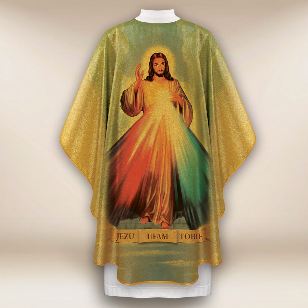 Casula dourada com imagem Jesus Misericordioso