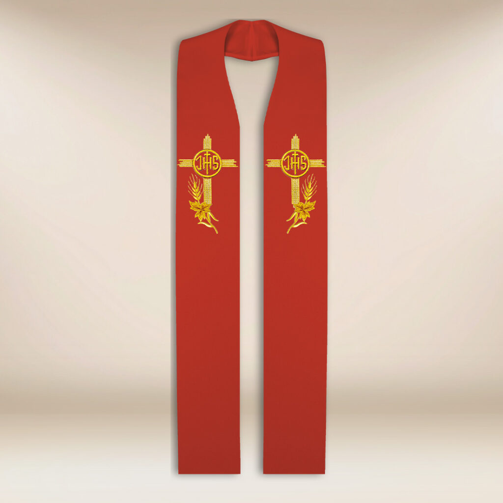 Estola sacerdotal bordada IHS vermelha