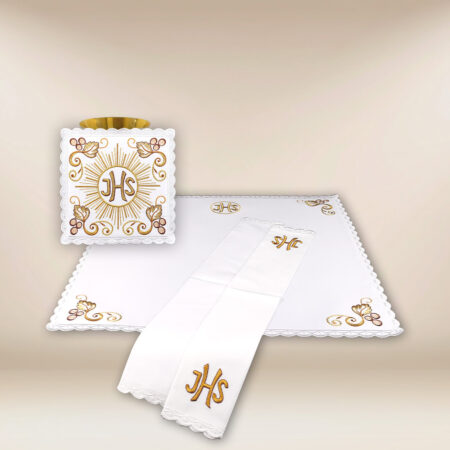 Conjunto de Alfaias do Cálice bordado com o motivo IHS