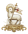 Casula litúrgica branca com bordado Agnus Dei e acabamento clássico