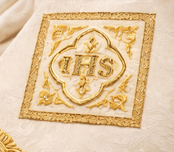 Detalhe do monograma IHS bordado na casula Brillante-Bianco