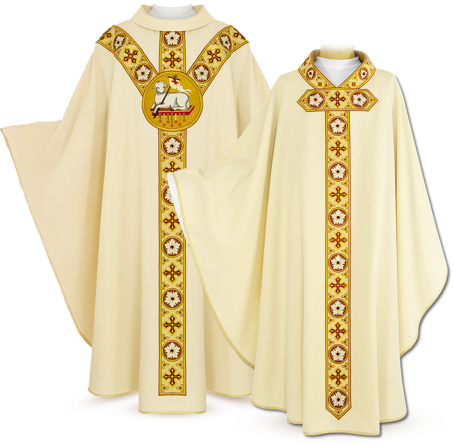 Casula bordada Cordeiro de Deus com símbolo Agnus Dei e ornamentação dourada