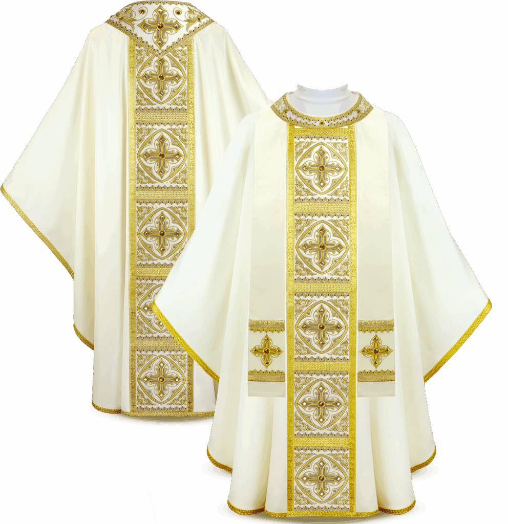 Casula bordada Brillante-Bianco com ornamentação dourada para celebrações litúrgicas solenes
