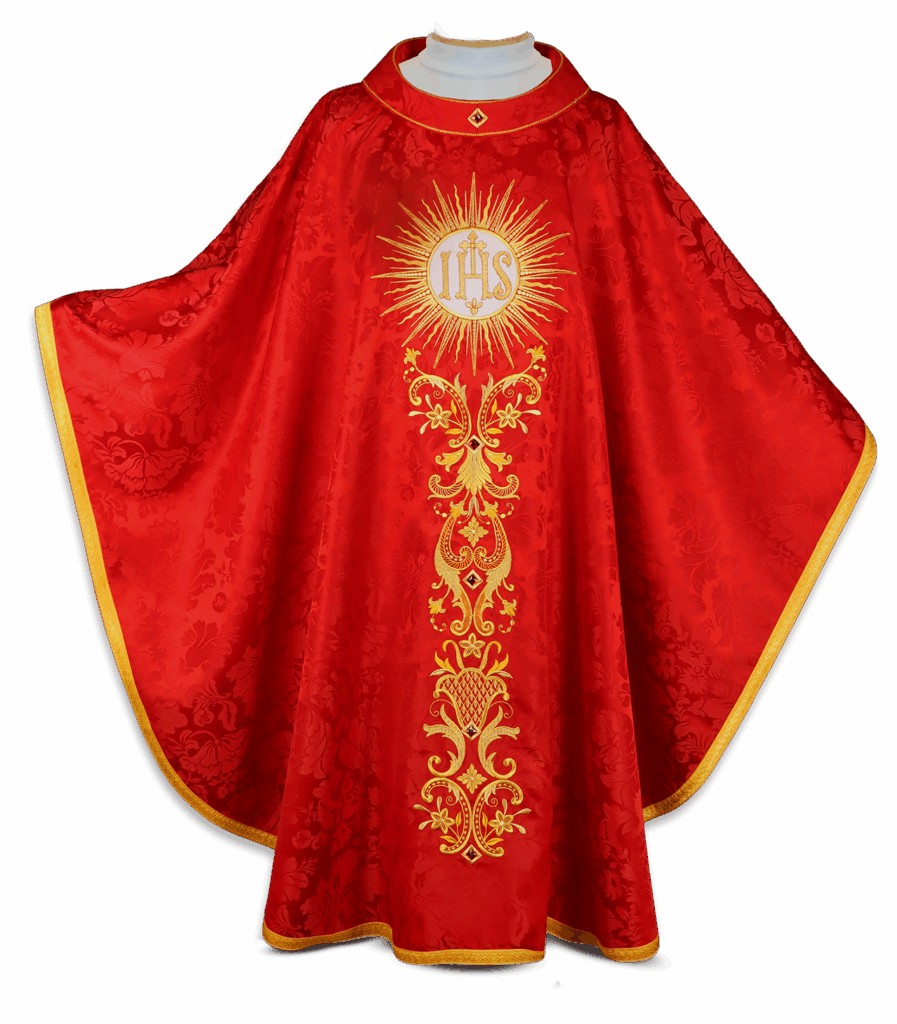 Casula bordada Ignis Sanctus com símbolo do Espírito Santo e bordado dourado
