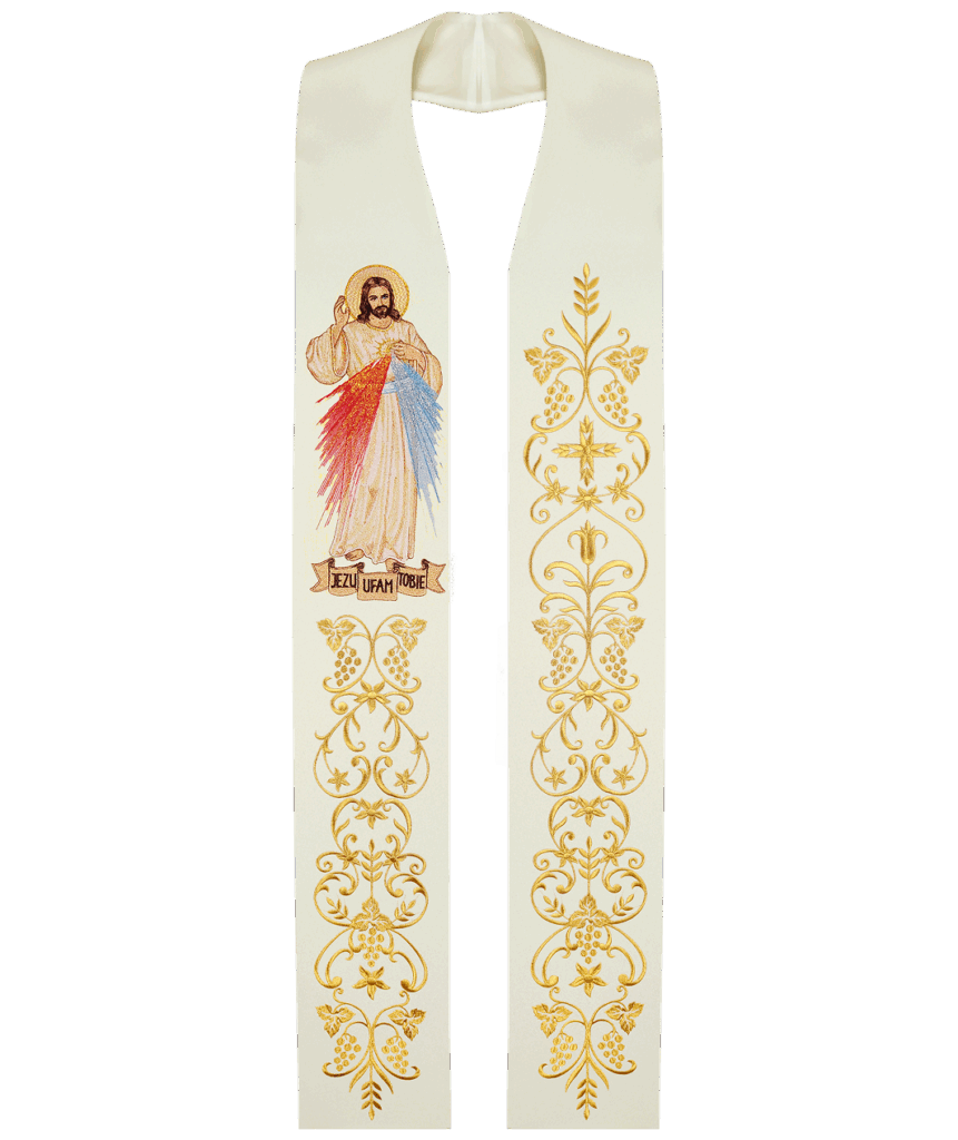 Estola bordada com a imagem de Jesus Misericordioso, com a figura de Cristo e adornos dourados