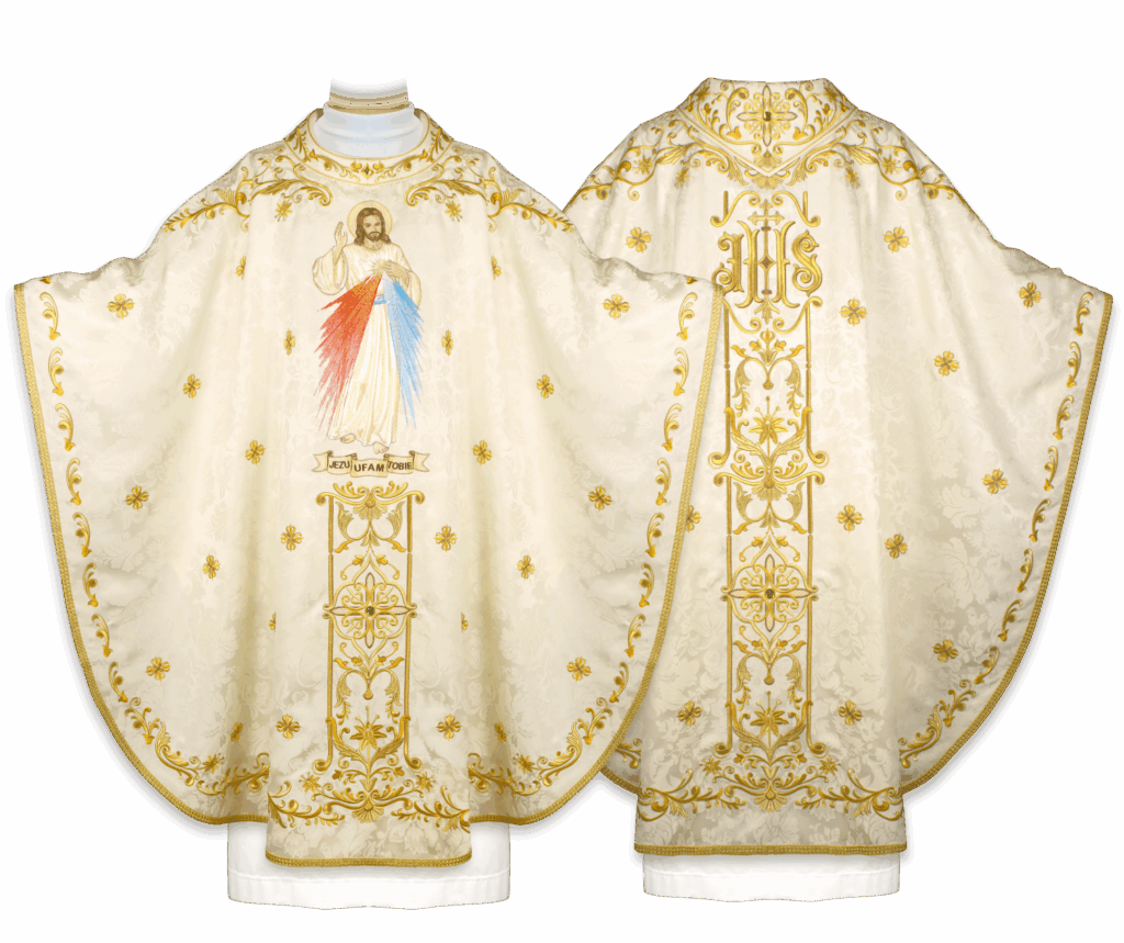 Casula bordada de Jesus Misericordioso – frente e verso da vestimenta litúrgica