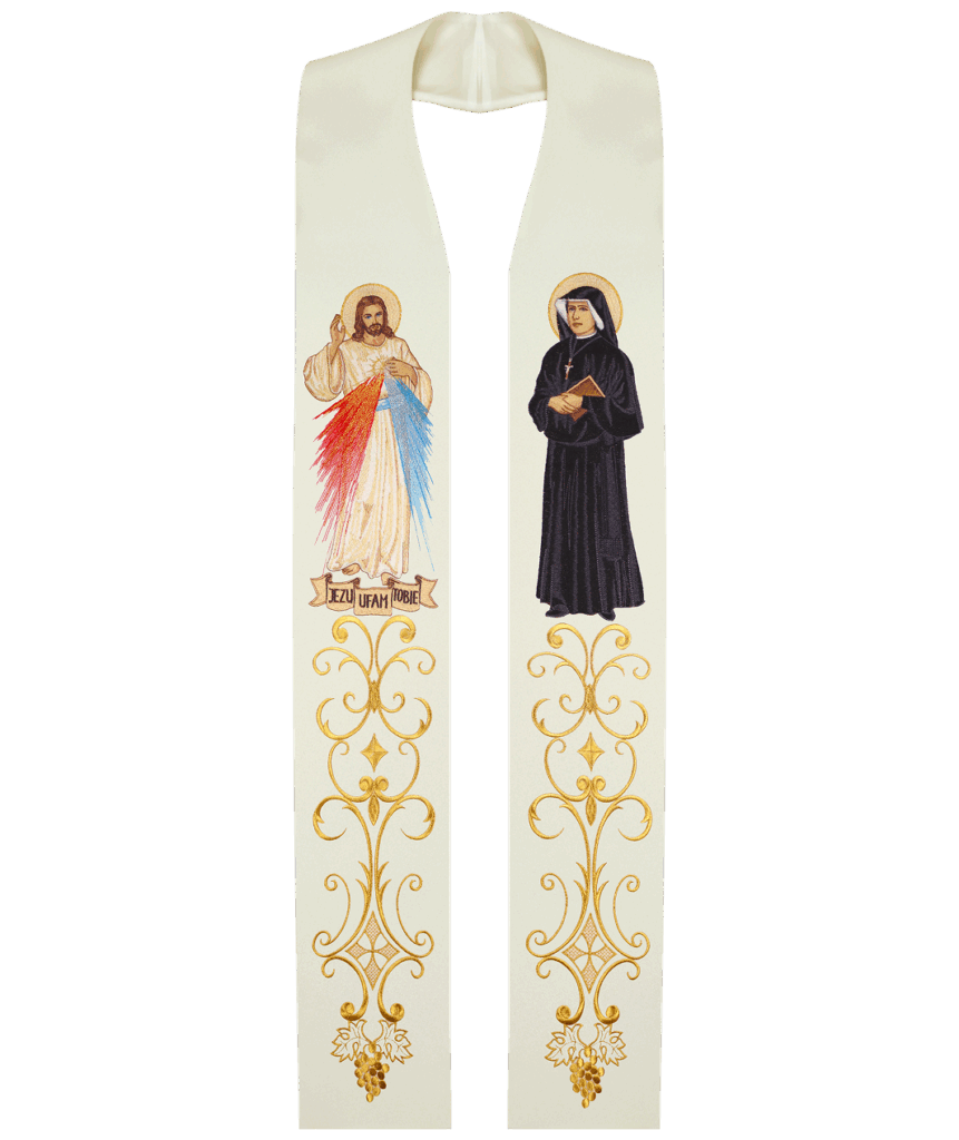 Estola litúrgica com Jesus Misericordioso e Santa Faustina, com bordados sacros