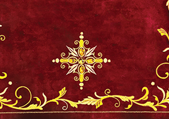 Cruz litúrgica bordada Pietre E Oro – ornamento dourado sobre veludo vermelho