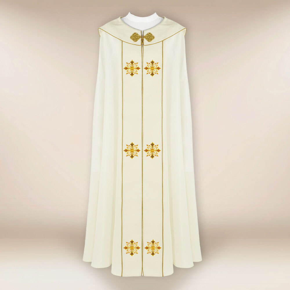 Capa litúrgica bordada e elegante com cruzes bordadas