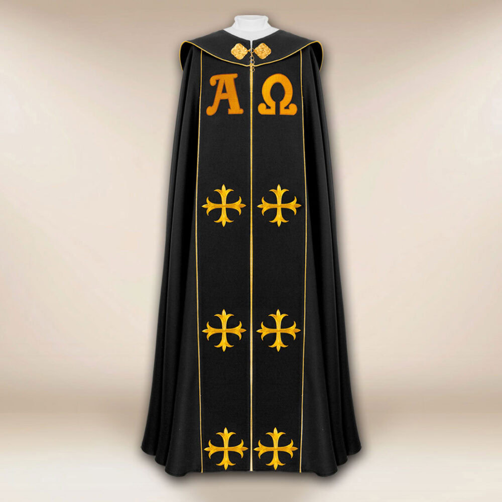 Capa litúrgica preta Alfa Omega PX