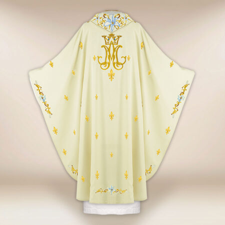 Casula litúrgica mariana na cor ecru