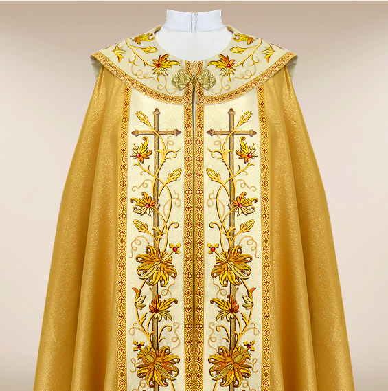 Casula bordada Classico Gold com elegantes motivos florais e cruzes litúrgicas
