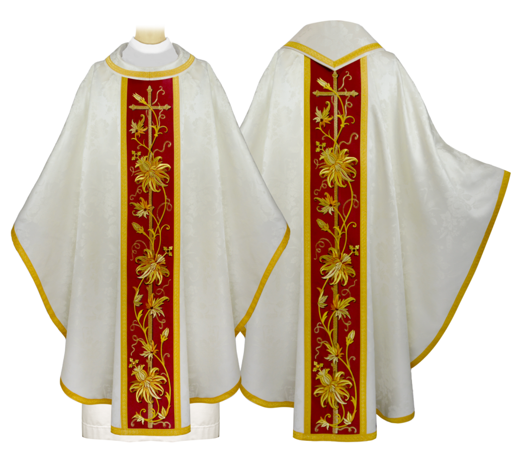 Casula bordada Classico Bianco elegante paramento litúrgico para celebrações solenes