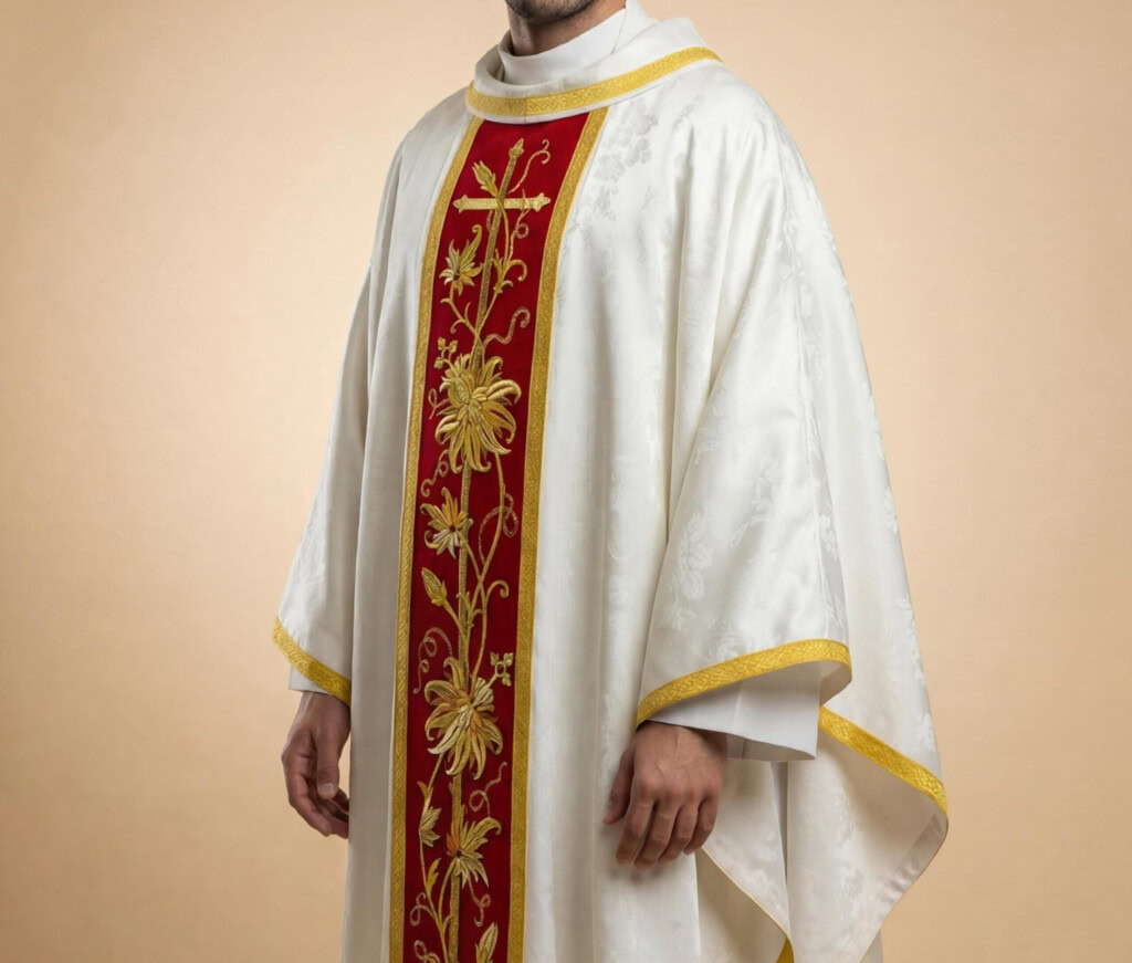 Sacerdote vestido com casula Classico Bianco branca bordada para celebração solene