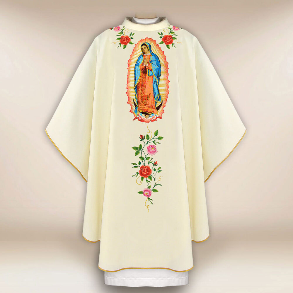 Casula bordada litúrgica ecru Mãe de Deus de Guadalupe