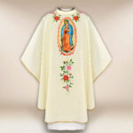 Casula bordada litúrgica ecru Mãe de Deus de Guadalupe