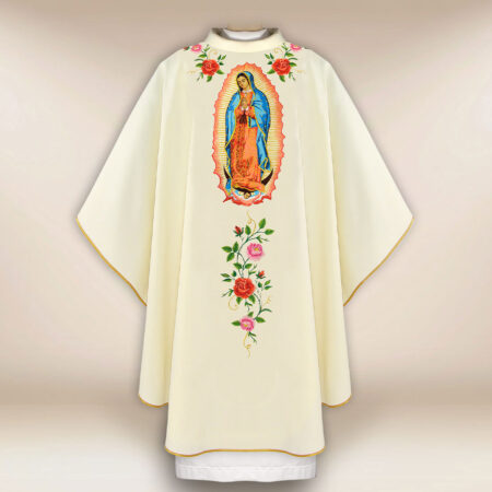 Casula bordada litúrgica ecru Mãe de Deus de Guadalupe