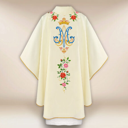 Casula bordada litúrgica ecru Mãe de Deus de Guadalupe