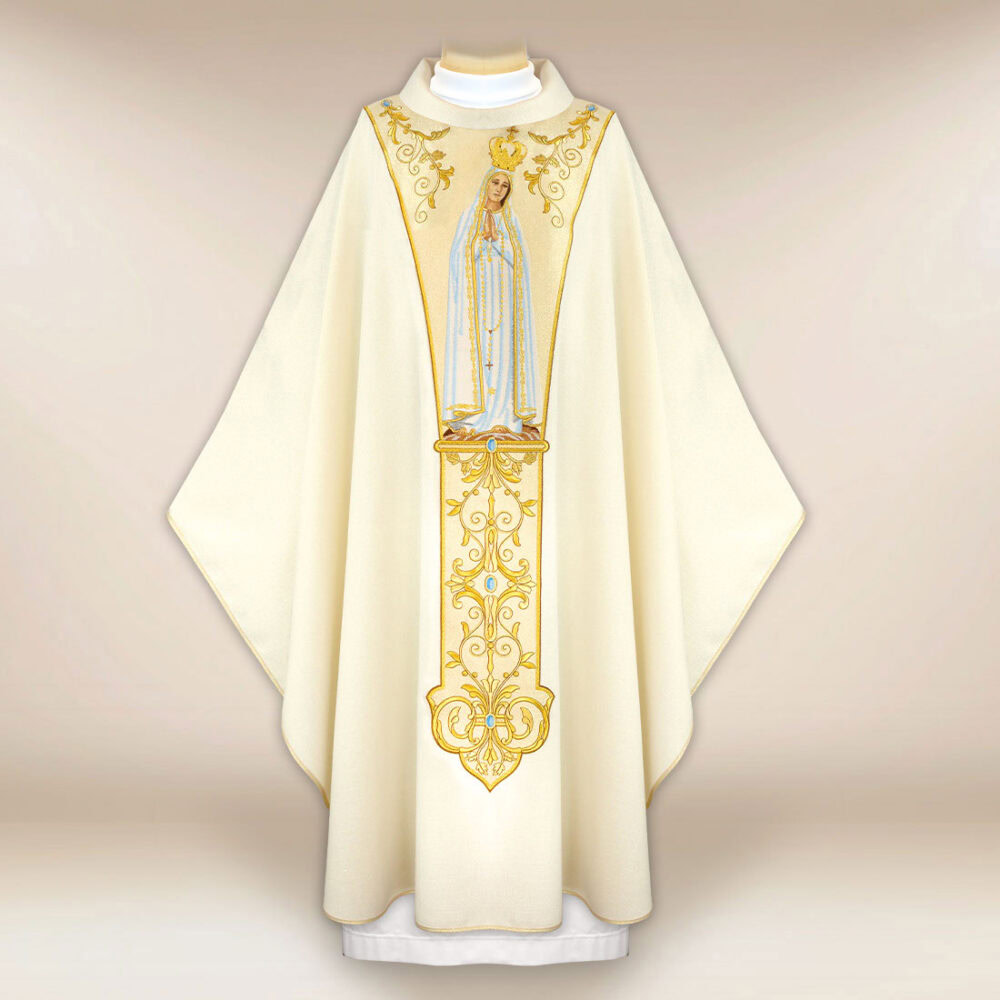 Casula com orphrey bordado Mãe de Deus de Fátima