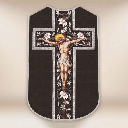 Casula romana réplica preto Jesus na Cruz