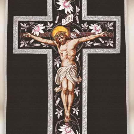 Casula romana réplica preto Jesus na Cruz