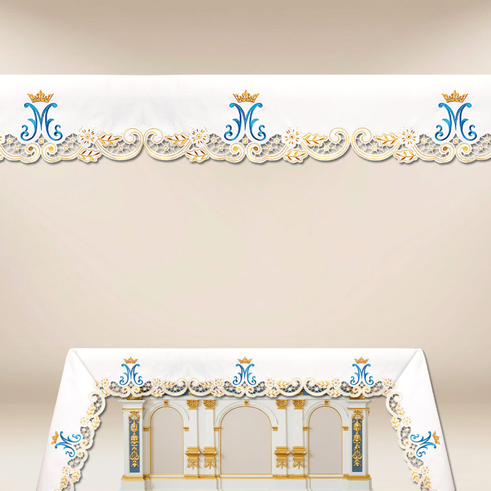 Toalha de altar Maryjna com bordado em dourado e azul