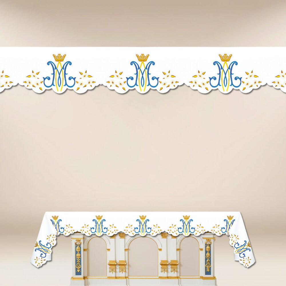 Toalha de altar Maryjna com bordado em tons de ouro e azul